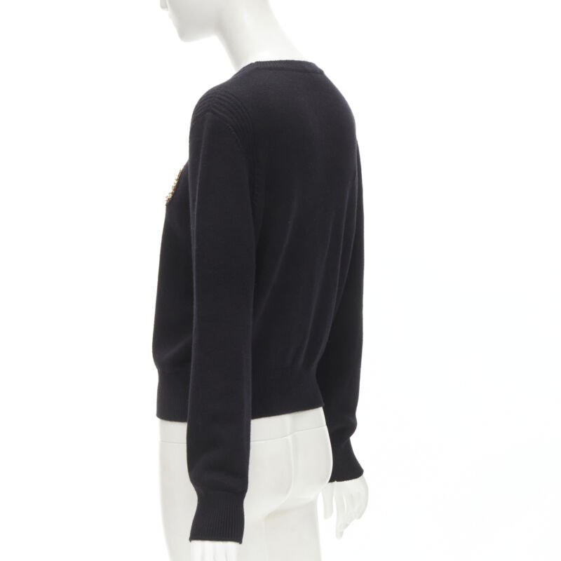 CHANEL black cashmere blend gold bead pearl CC embellished badge sweater FR42  L