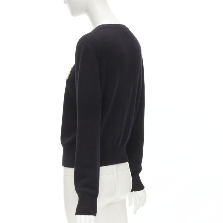 CHANEL black cashmere blend gold bead pearl CC embellished badge sweater FR42  L