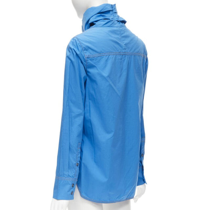MARNI blue cotton overstitch funnel neck long sleeve curved hem shirt IT38 XS