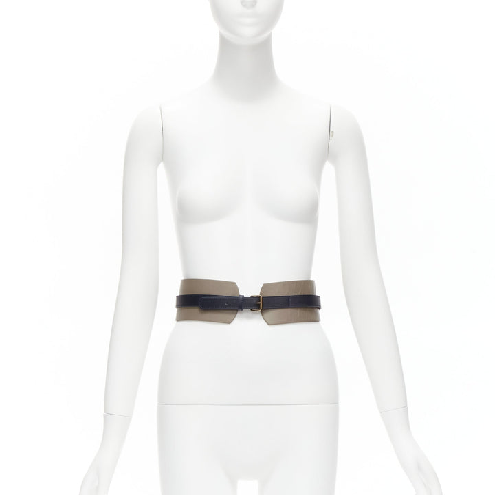 MAISON BOINET brown navy double cowhide leather gold buckle waist belt 70cm