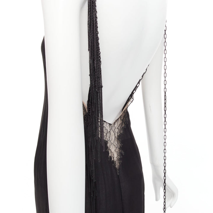GIANNI VERSACE Vintage black punk chain detail lace trim sheer long gown IT38 XS