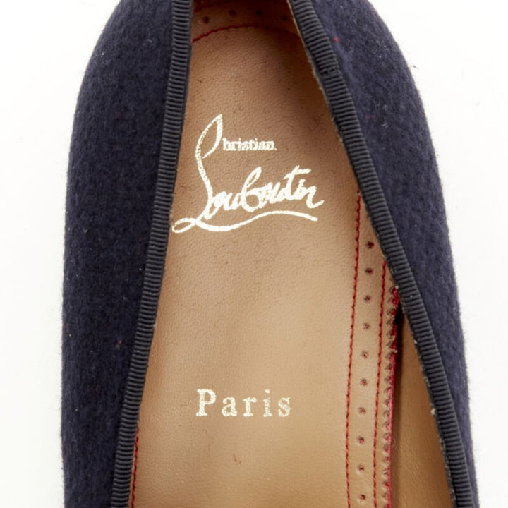 CHRISTIAN LOUBOUTIN Rossini Flat navy tweed spike toe  tassel lug sole EU42