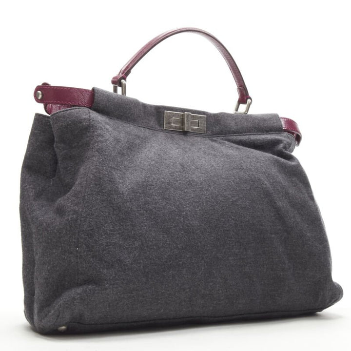 rare FENDI Peekaboo grey wool burgundy textured leather shoulder satchel bag