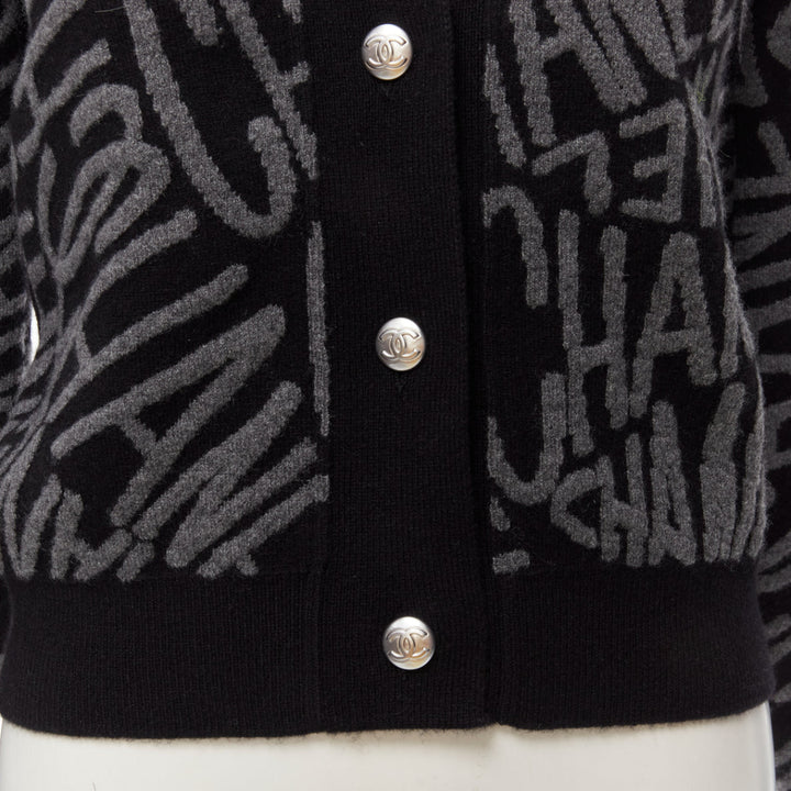 CHANEL 2021 98% cashmere black grey all over logo intarsia CC cardigan FR36 S