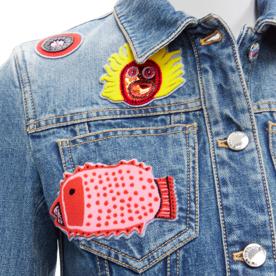 LOUIS VUITTON Yayoi Kusama 2023 Faces leather patch blue denim jacket FR34 XS