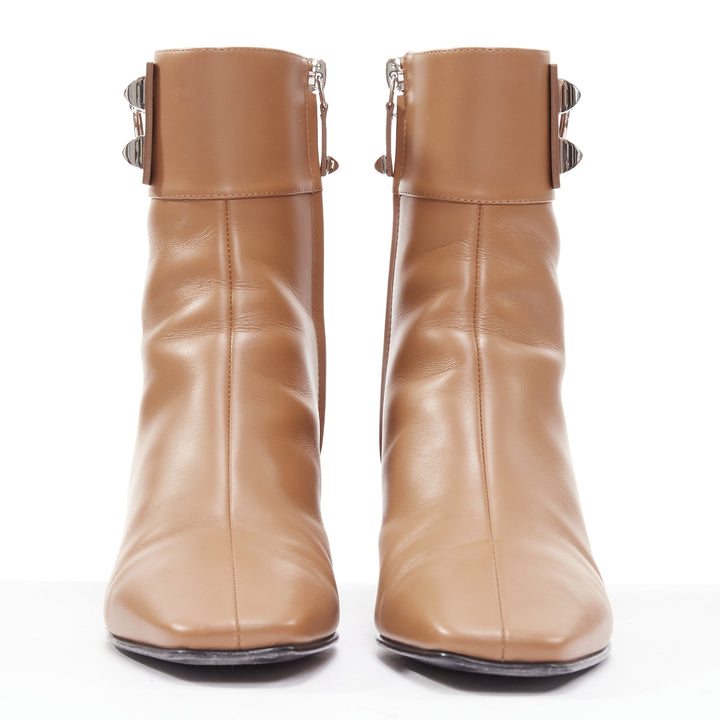 HERMES Decouverte 50 Beige Dore brown leather silver hardware ankle boots EU36