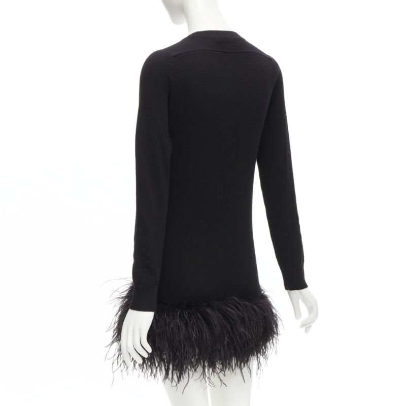 SAINT LAURENT 100% cashmere black ostrich feather trim mini sweater dress XS