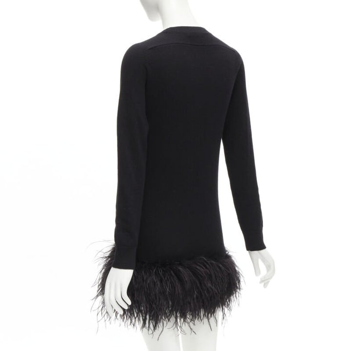 SAINT LAURENT 100% cashmere black ostrich feather trim mini sweater dress XS