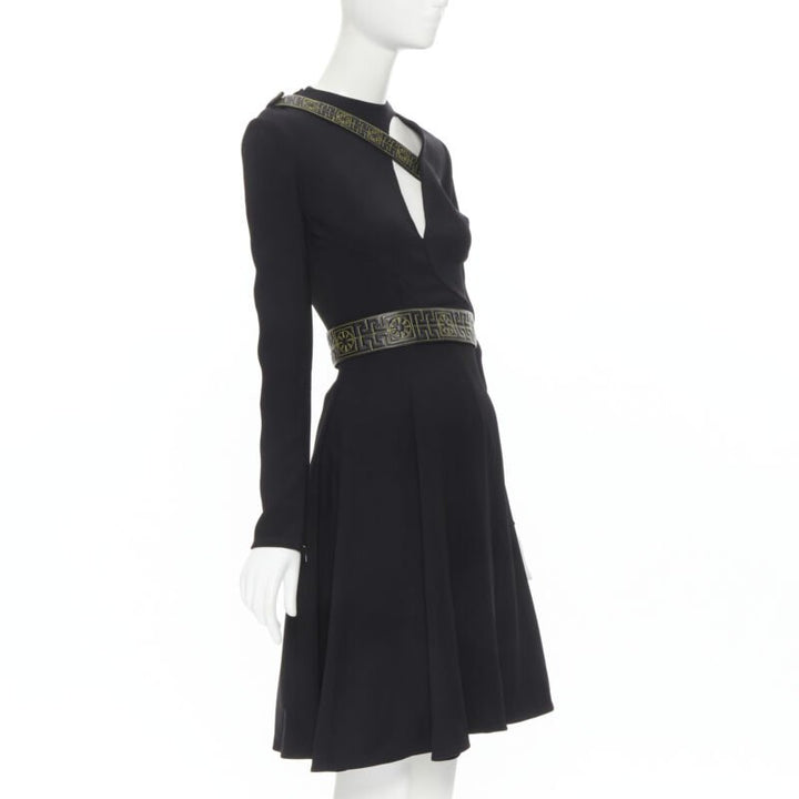 runway VERSACE black Greca stitch leather harness strap fit flare dress IT38