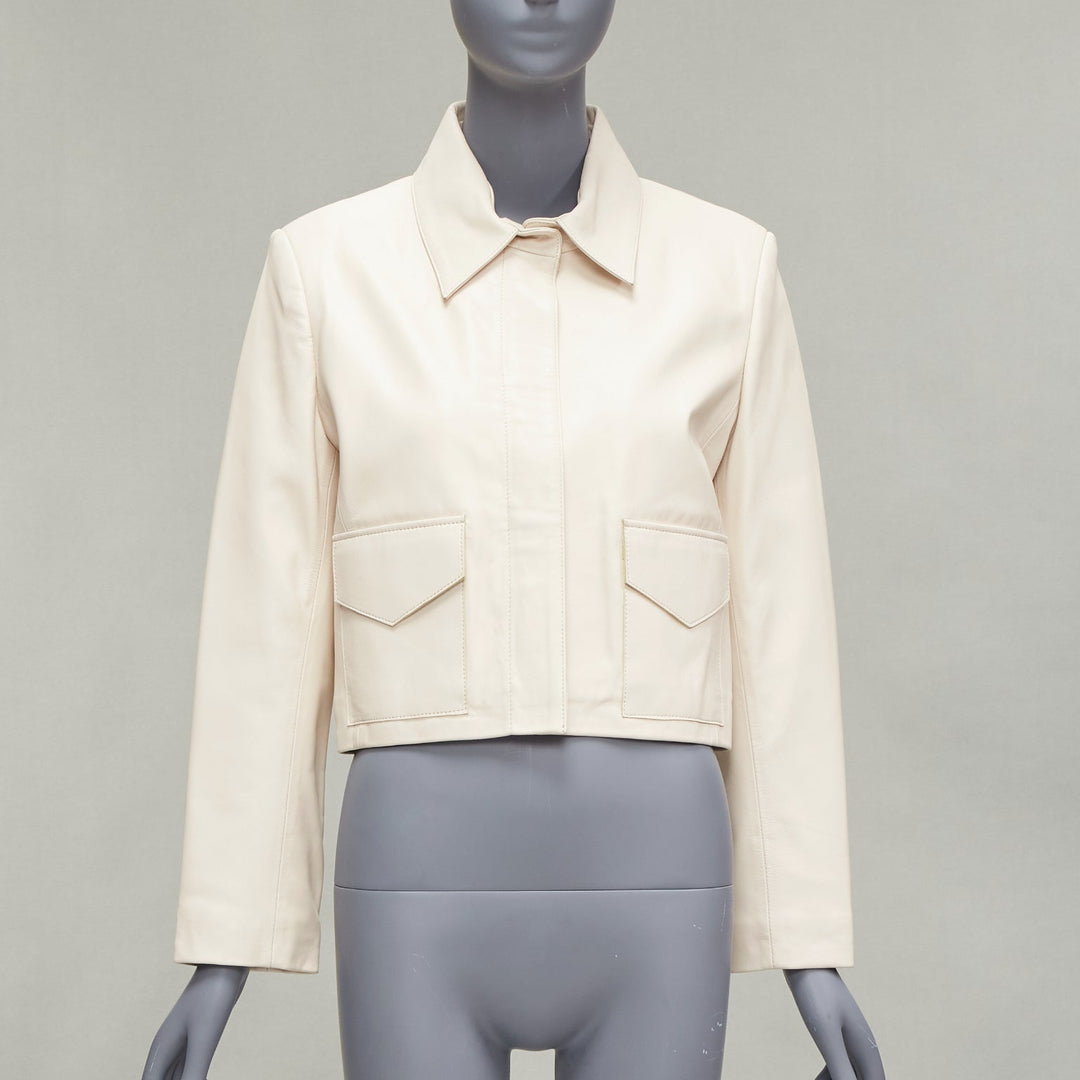 NOUR HAMMOUR cream lambskin minimal dual pocket cropped zip jacket IT36 XXS