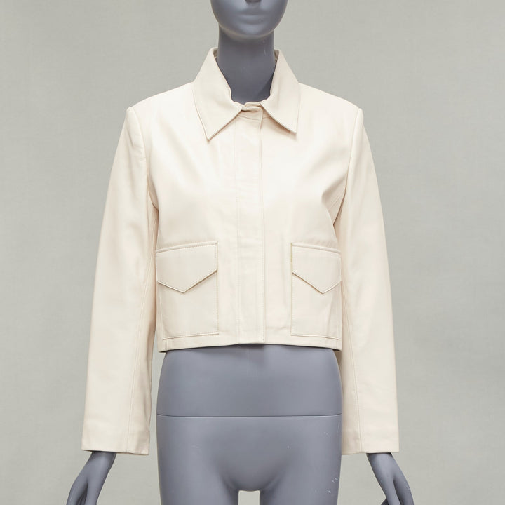 NOUR HAMMOUR cream lambskin minimal dual pocket cropped zip jacket IT36 XXS