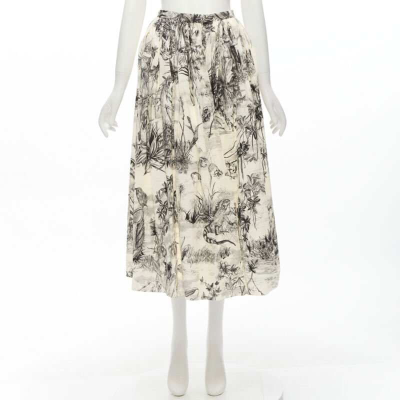 CHRISTIAN DIOR Fantaisie beige illustration print cotton midi skirt FR34 XS