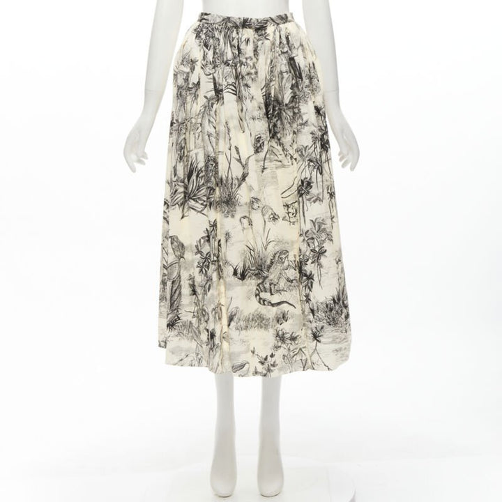 CHRISTIAN DIOR Fantaisie beige illustration print cotton midi skirt FR34 XS
