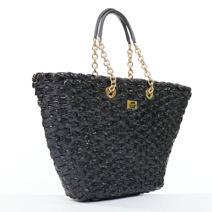 DOLCE GABBANA Vernice Vitello black lacquered raffia woven coffa large tote bag