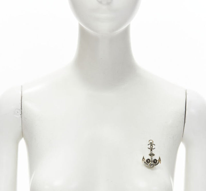 CHANEL Sailor Anchor navy black crystal rhinestone CC pin brooch