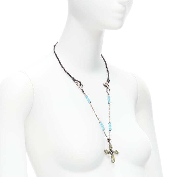 DOLCE GABBANA faux emerald blue beads Bytantine cross leather opera necklace