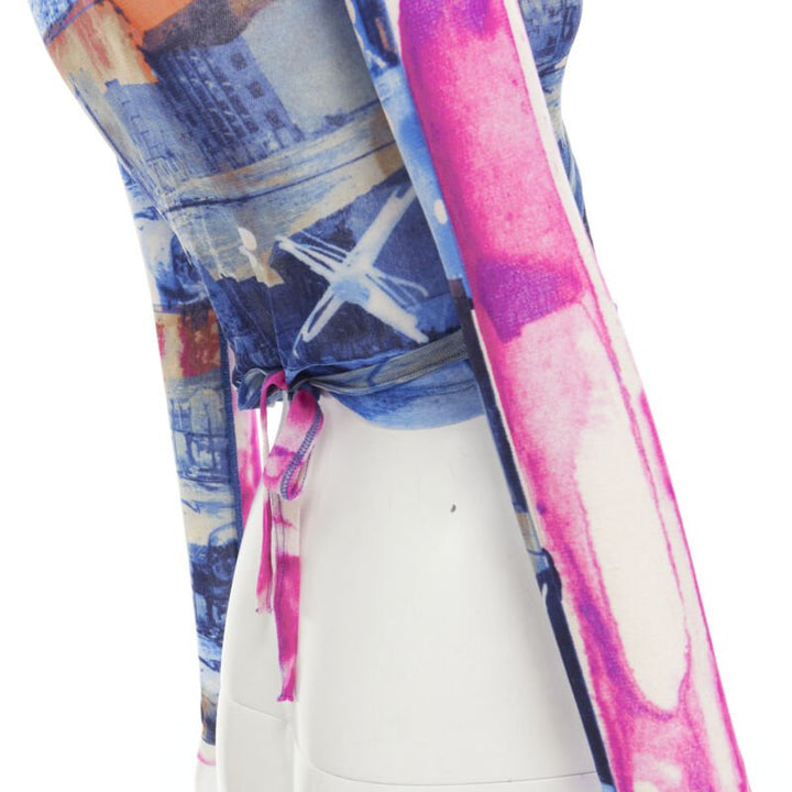 rare JEAN PAUL GAULTIER Soleil Vintage blue pink cityscape sheer wrap top S