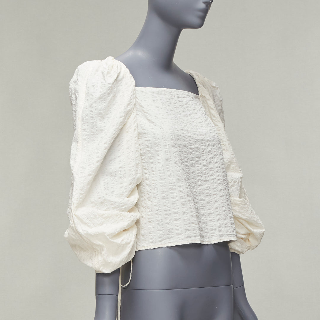REGINA PYO cream cotton square neck ruched puff sleeves cropped peasant top S