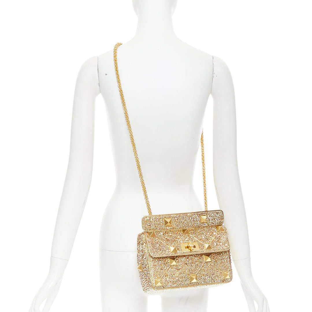 rare VALENTINO Roman Stud Medium gold crystal chain turnlock shoulder bag