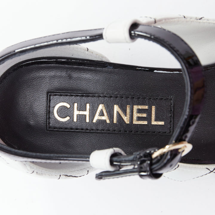 CHANEL 2022 black white quilted topstitch patent cap toe maryjane heels EU36.5