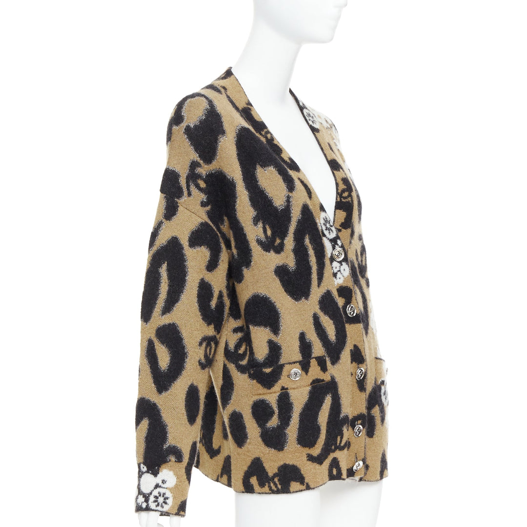 CHANEL A23 Runway brown black CC logo cashmere mohair cardigan FR40 L