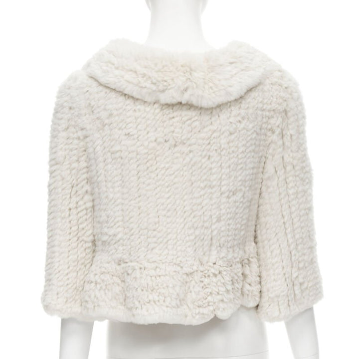 MATTHEW WILLIAMSON beige rabbit fur ruffle collar 3/4 sleeve short jacket UK8 XS