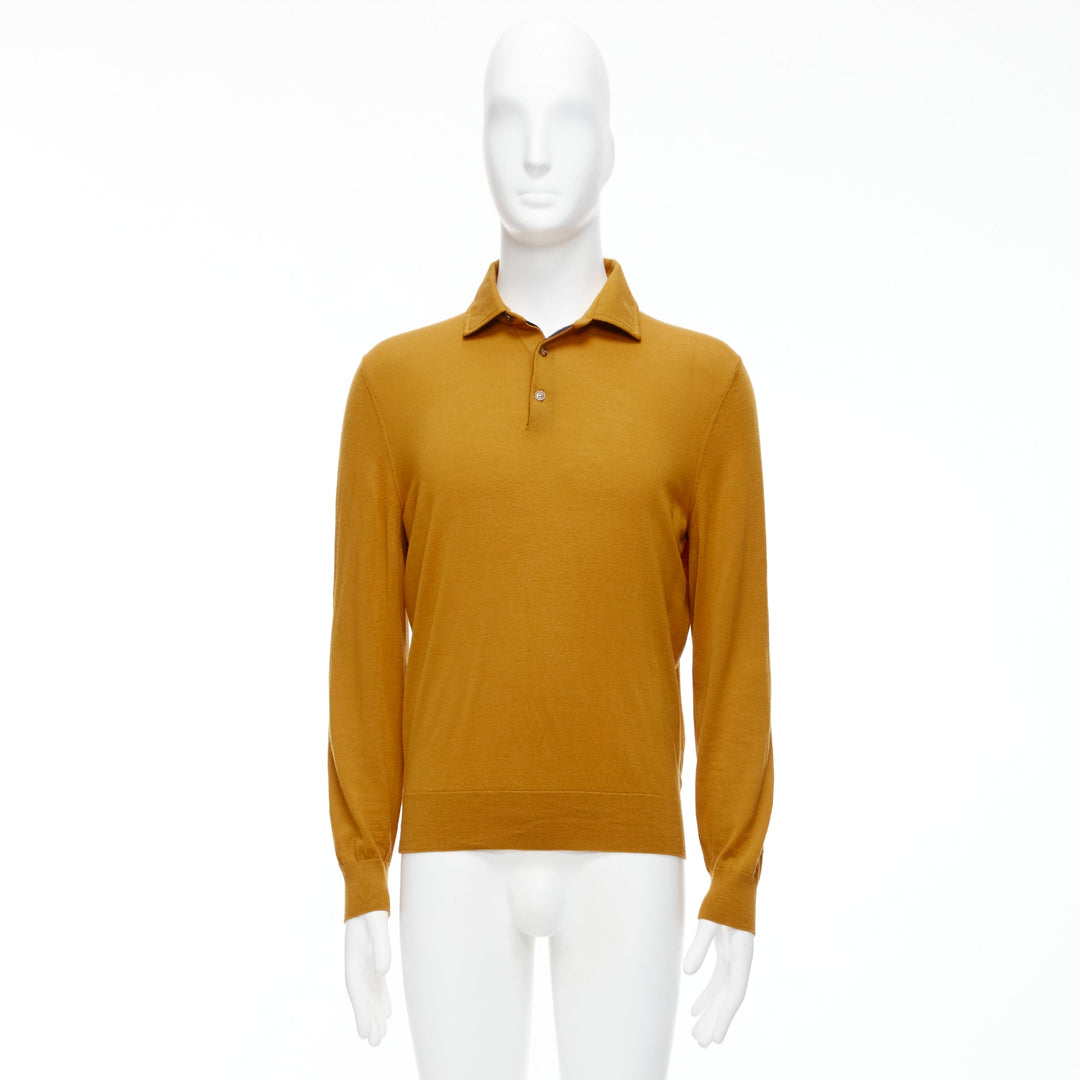 ERMENEGILDO ZEGNA wool cashmere mustard yellow knit polo sweater IT50 L