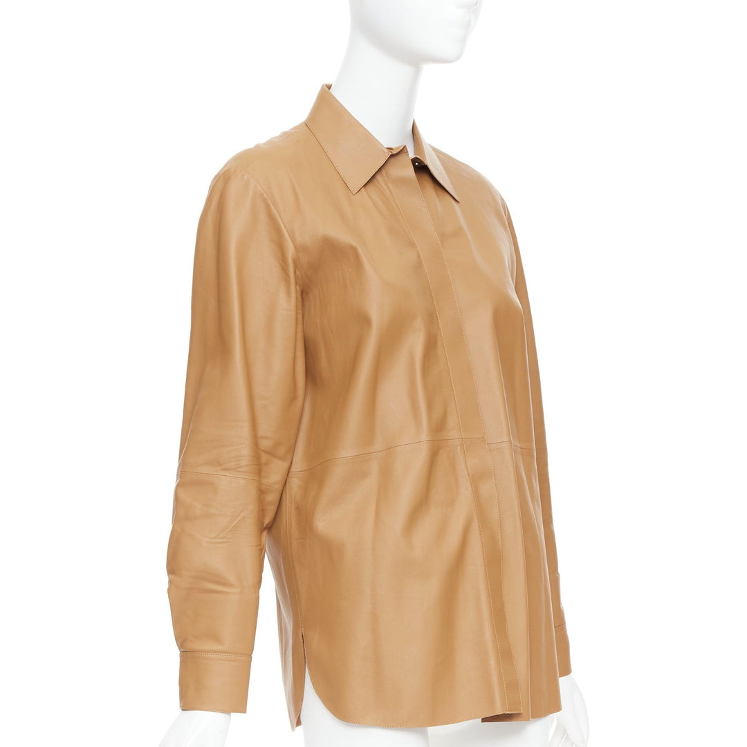 THEORY L Nappa Shine brown lambskin leather panelled shirt XS