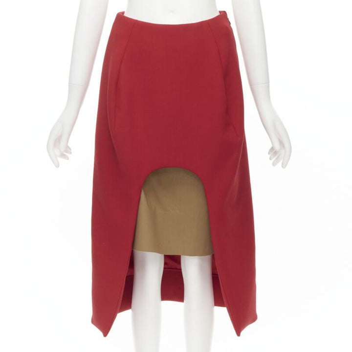 MARNI red wool brown silk lining curved hem midi skirt IT40 S