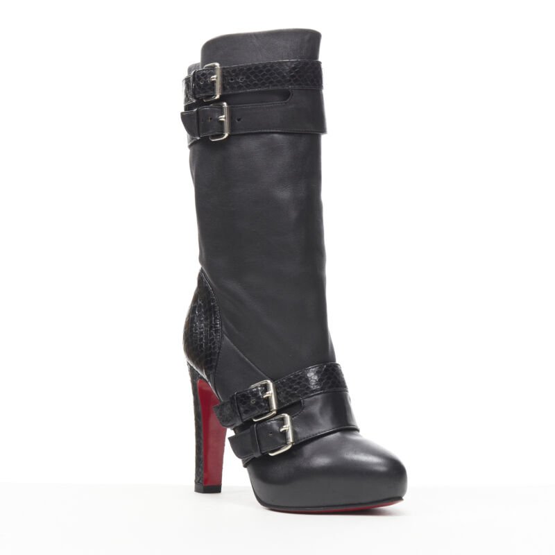 CHRISTIAN LOUBOUTIN Loubi Bike black scaled leather buckle platform boot EU37