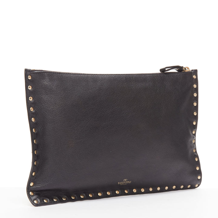 VALENTINO Rockstud black gold round studs logo triangle flat clutch bag