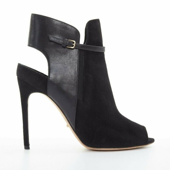 SERGIO ROSSI black suede leather strap buckle peep toe heel ankle bootie EU37