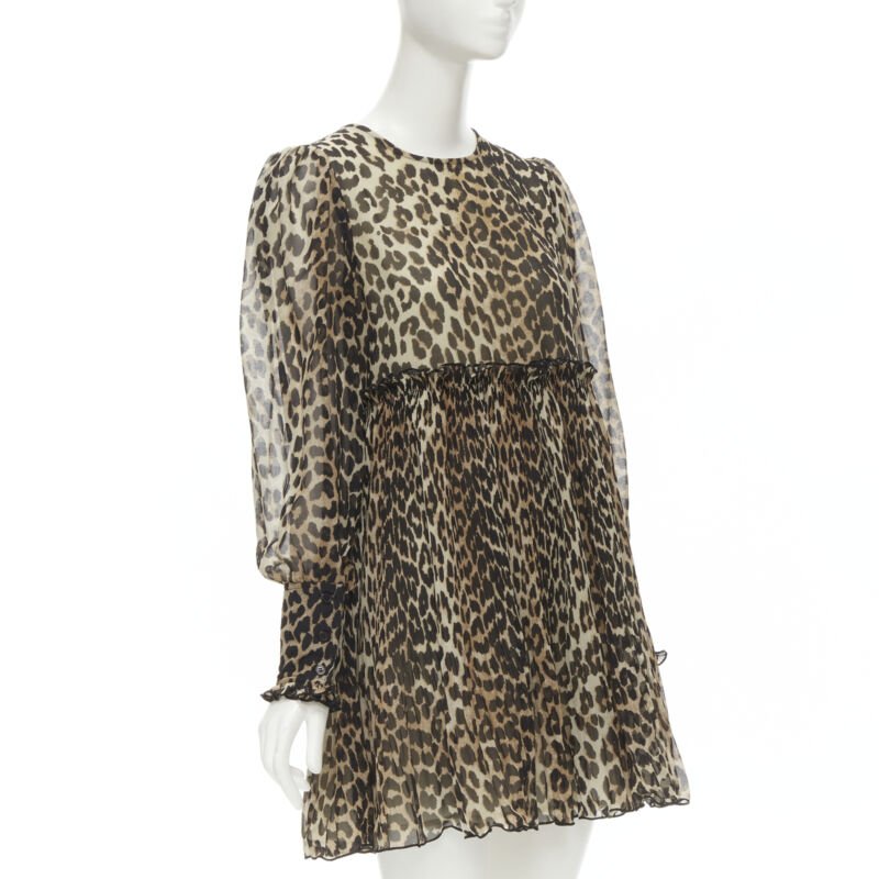 GANNI brown leopard spot print pleated flared babydoll dress FR36 S