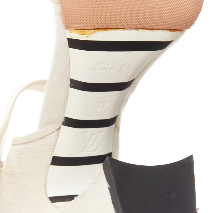 LOUIS VUITTON Anaconda white calf hair silver button braided chunky heel EU37