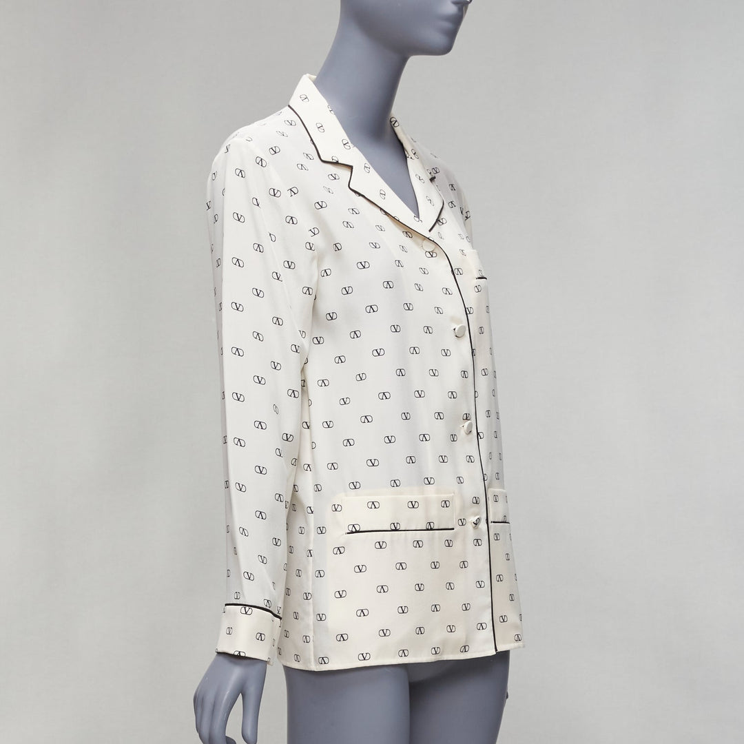 VALENTINO cream 100% silk V logo black piping collared pajama shirt IT36 XXS
