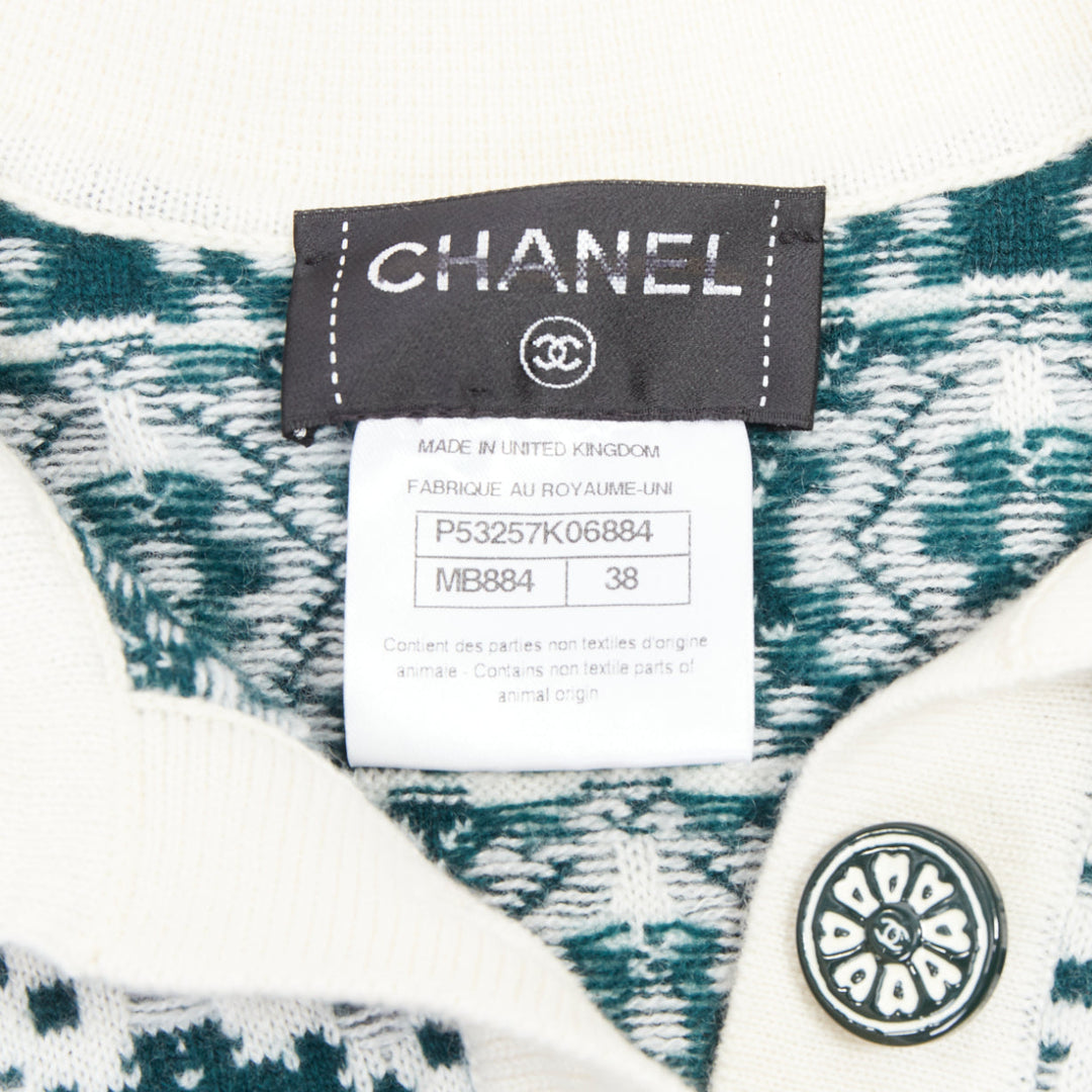 CHANEL 2016 100% cashmere knit green mosaic CC button polo dress FR38 M