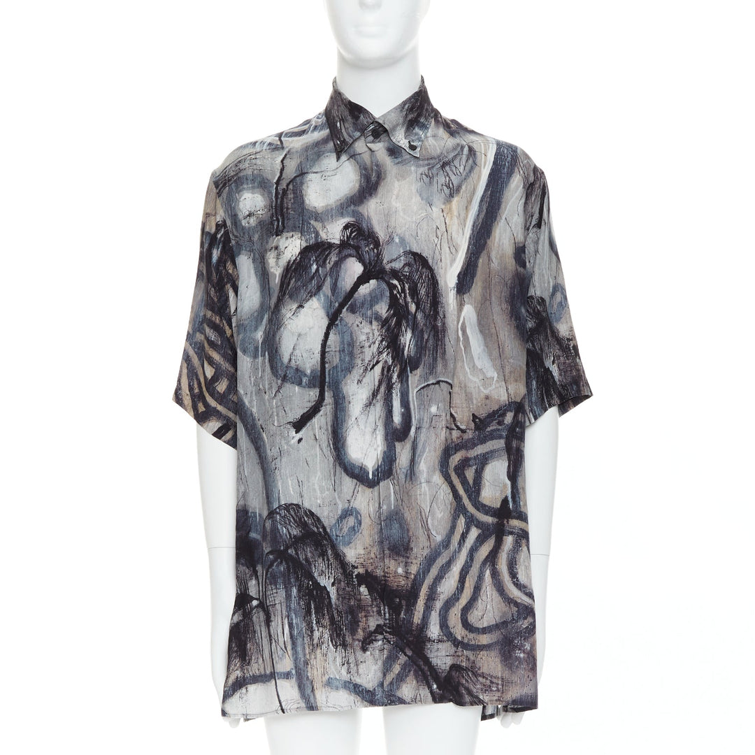 YOHJI YAMAMOTO 100% silk grey beige abstract print relaxed shirt JP2 M