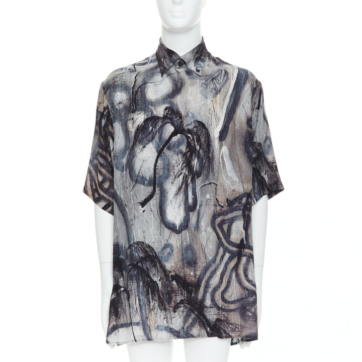 YOHJI YAMAMOTO 100% silk grey beige abstract print relaxed shirt JP2 M