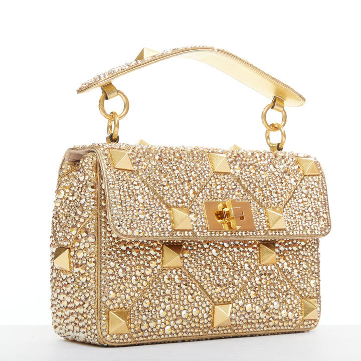 rare VALENTINO Roman Stud Medium gold crystal chain turnlock shoulder bag