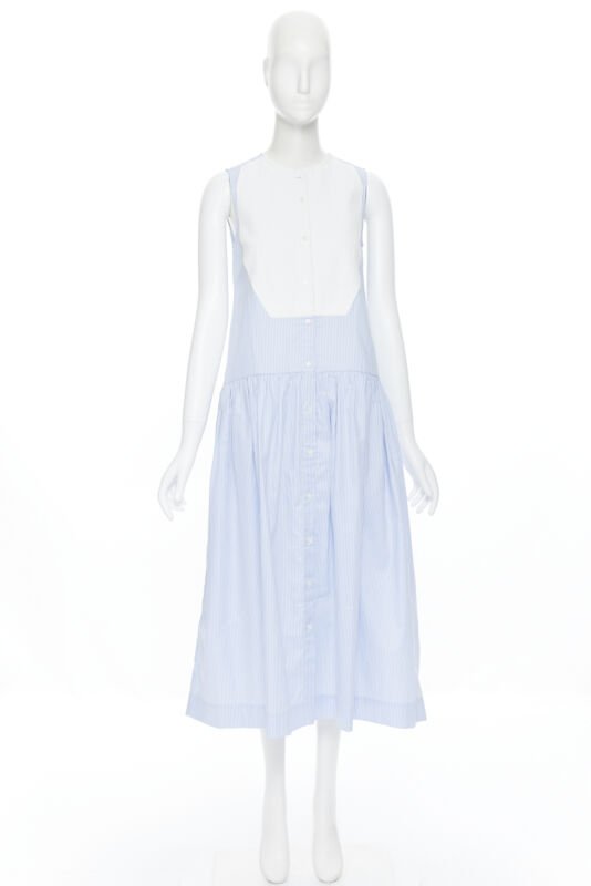 PALMER HARDING 100% cotton white bib front blue striped summer dress UK8 XS