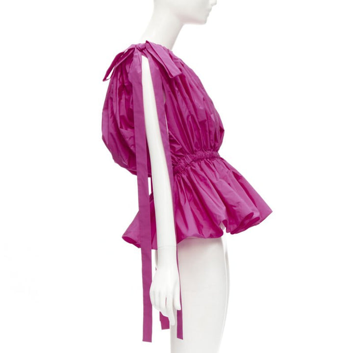ALEXANDER MCQUEEN 2021 fuschia pink crinkled bow tie shoulder peplum top IT38 XS