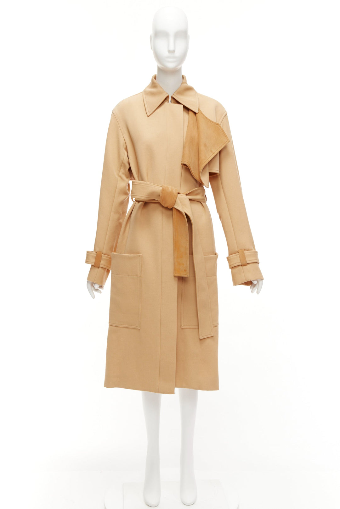 OLD CELINE Phoebe Philo tan wool leather trim deconstructed trench coat FR38 M
