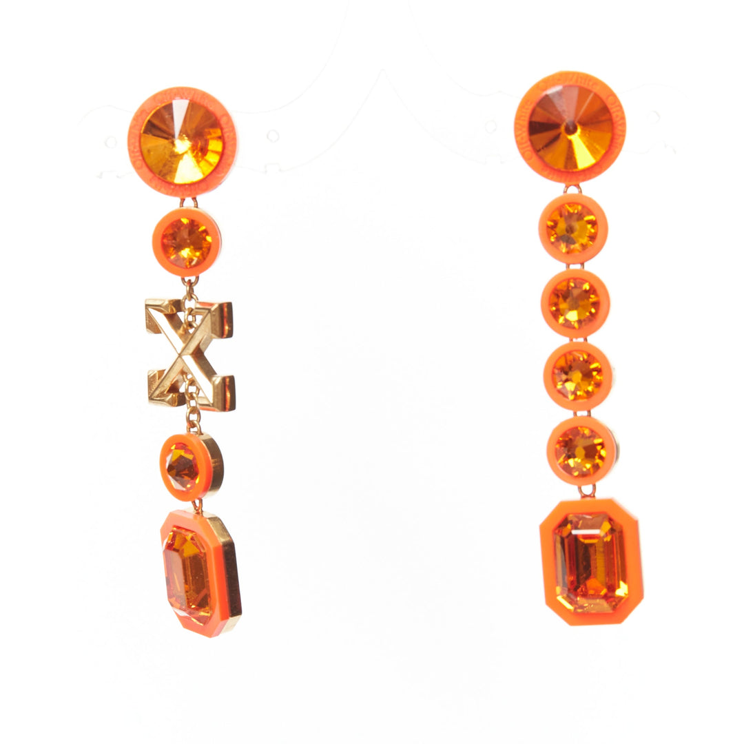 OFF WHITE neon orange gold logo jewel rhinestone drop pin earrings pair