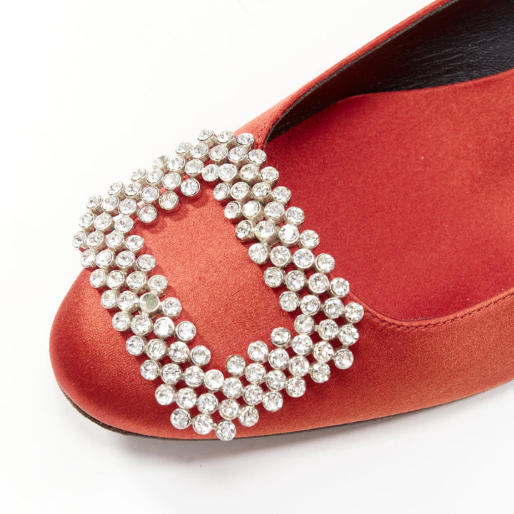 ROGER VIVIER red satin silver strass crystal buckle classic dress flats EU36.5