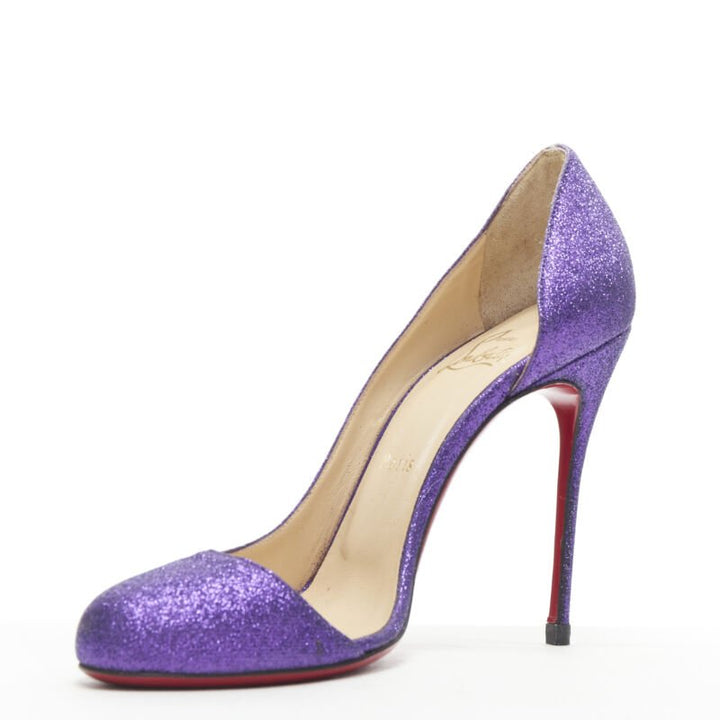CHRISTIAN LOUBOUTIN Helmour purple glitter round toe half dorsay pump EU37.5