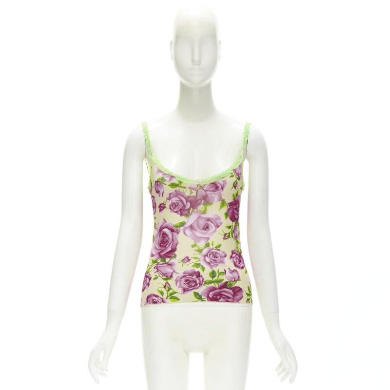 D&G DOLCE GABBANA Vintage Y2K pink rose green ruffle trim cami tank top XS