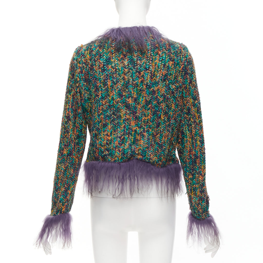 rare EMANUEL UNGARO purple faux fur trim green speckled tweed jacket IT38 XS