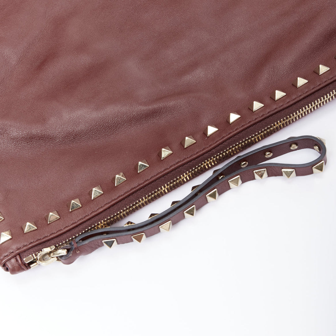 VALENTINO Rockstud rose gold burgundy leather studded logo clutch