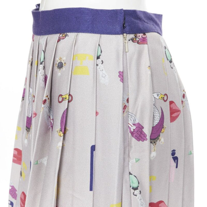 MARY KATRANTZOU grey mixed illustration print pleated midi flared skirt UK10 27"