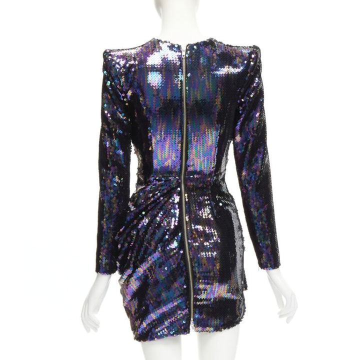 ALEX PERRY Iris petrol blue sequins shoulder padder draped mini dress UK6 S